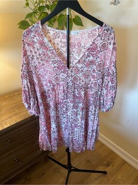 Zara Pink Floral V-Neck Mini Dress puff sleeves